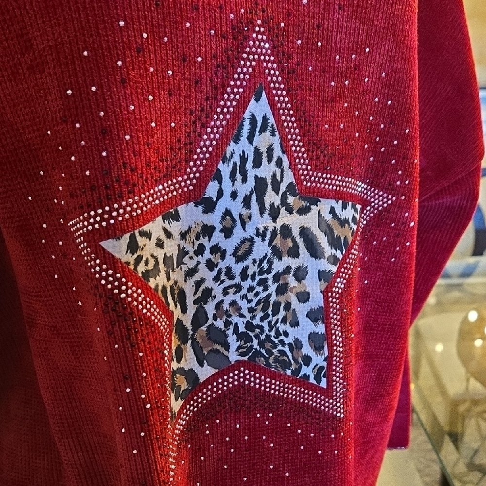 New Ruby Red Sweater Leopard Star Embellished With Bling. From Shop Evelynne - Picture 2 of 8